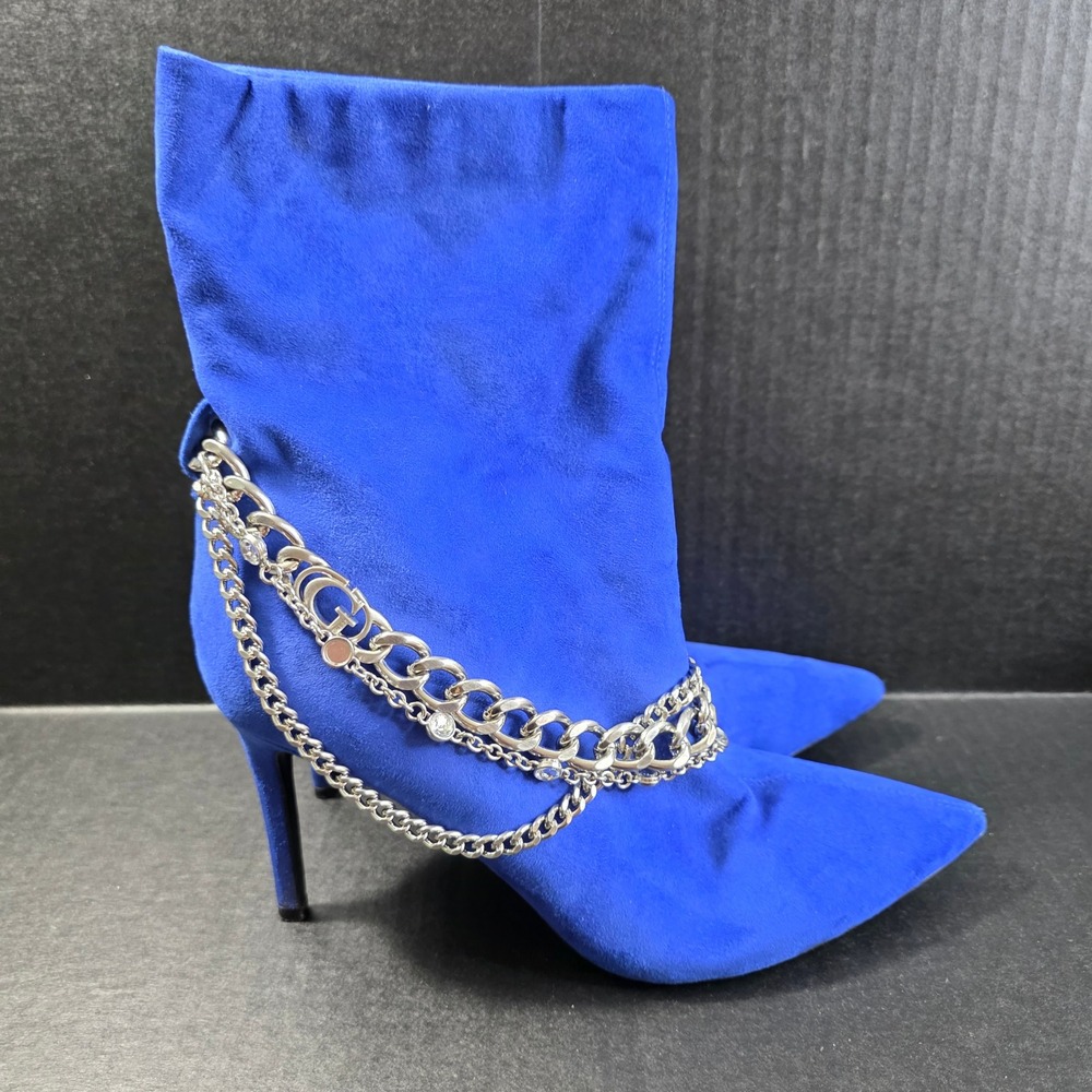 Guess Royal Blue Faux Suede Chain Link Stiletto Ankle Boots Size 9M - Picture 4 of 8